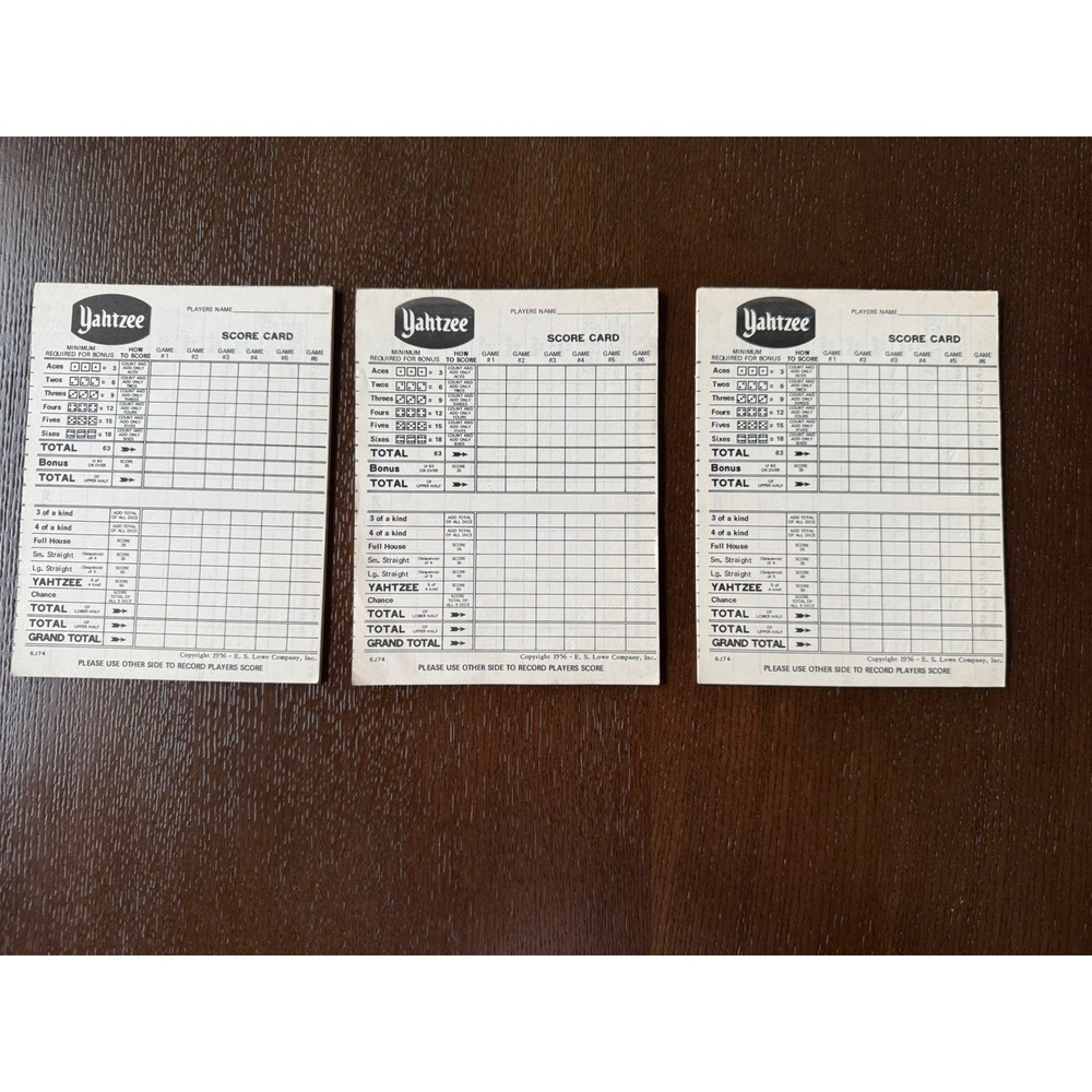 ES Lowe Co Yahtzee 1956 Score Cards Replacement Parts 3 Pads 45+ Sheets